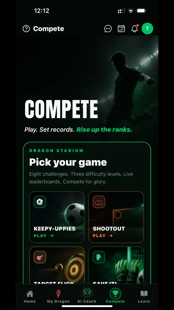 Dragon Players app, the Compete screen, on a test account