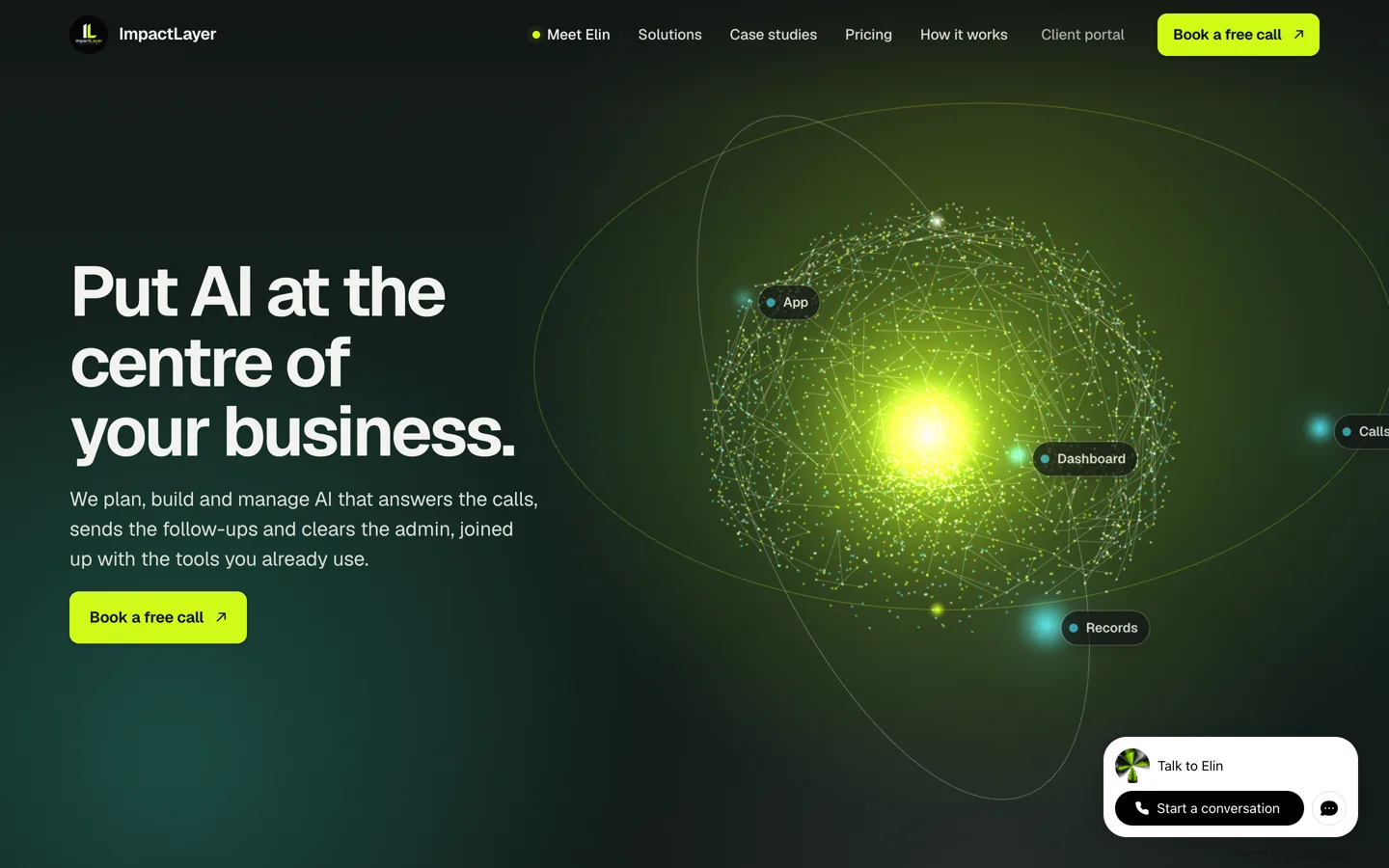 The ImpactLayer homepage: a 3D AI core with the business's tools around it, and Elin, the AI receptionist, in the corner