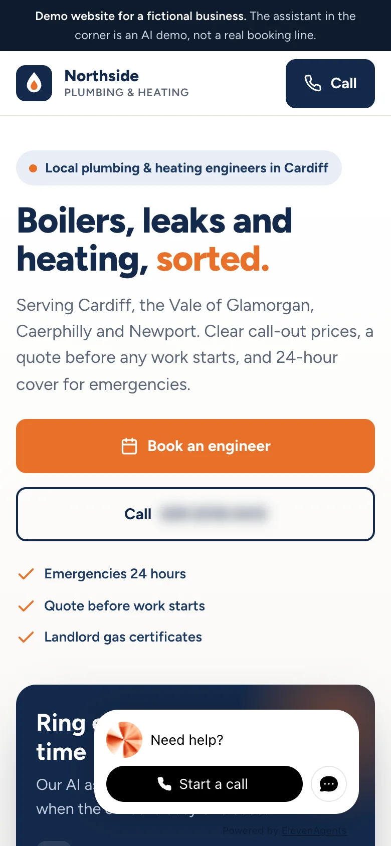 The demo website for Northside Plumbing and Heating, a made-up business, on a phone, with its AI assistant ready to take a call