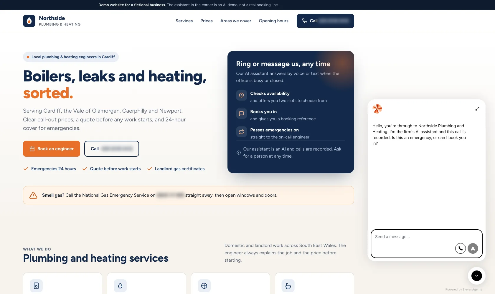 Demo website for Northside Plumbing and Heating with its AI assistant open, greeting the visitor