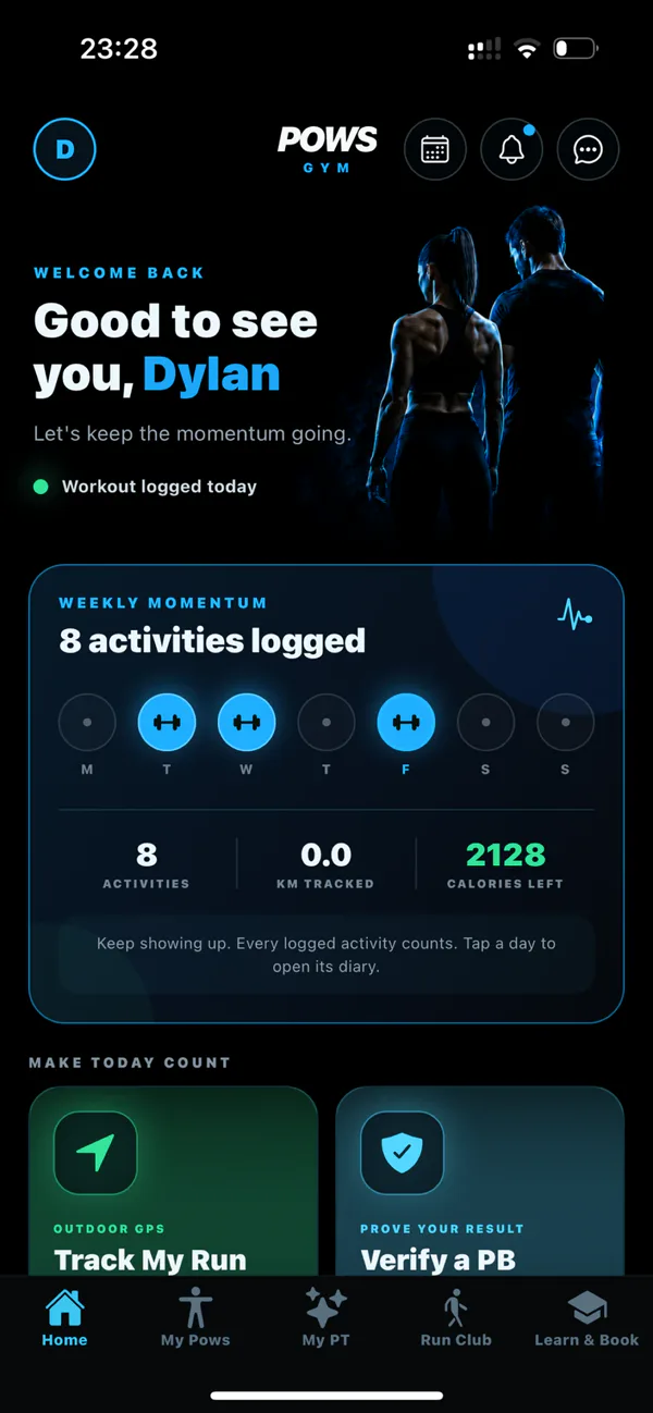 POWS Performance app home screen on Dylan's own account