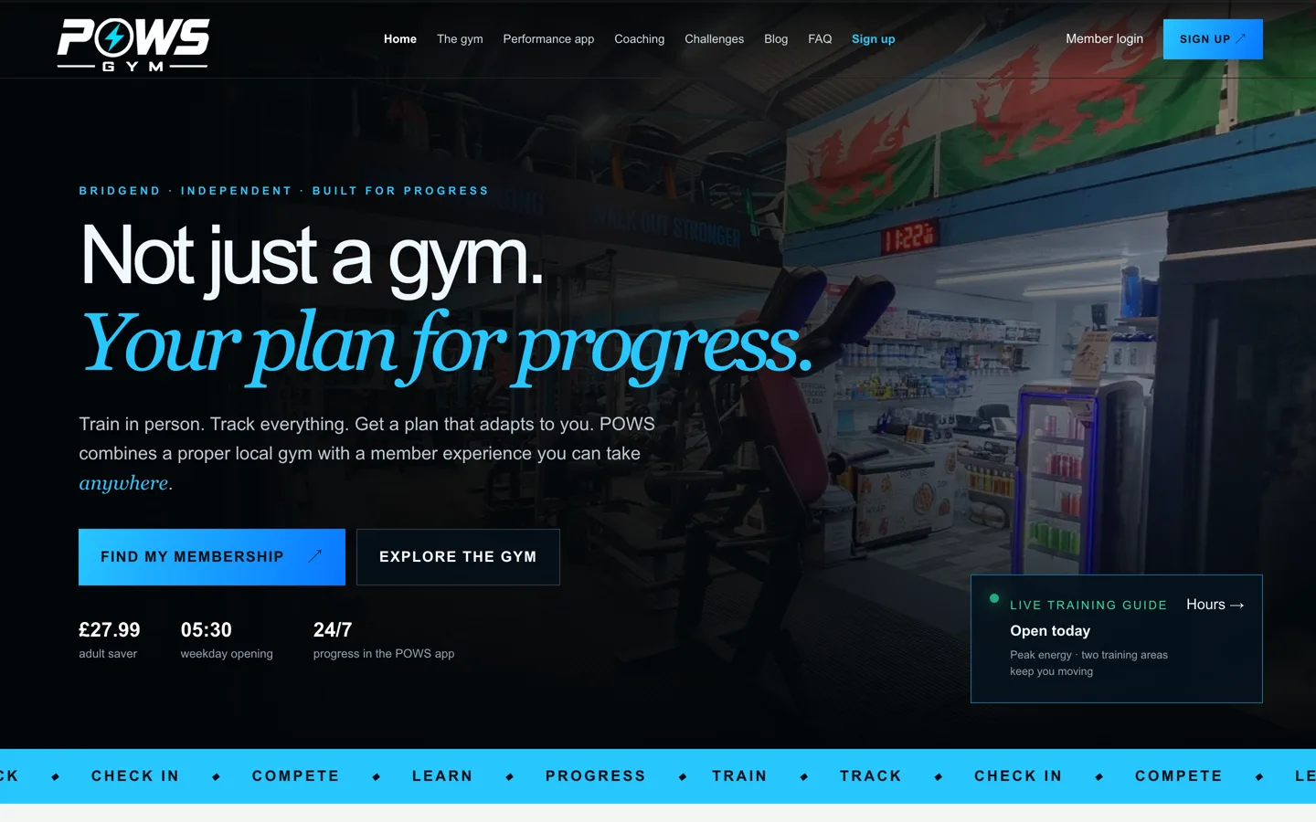 The POWS Gym website homepage: Not just a gym, your plan for progress, with the membership and app links