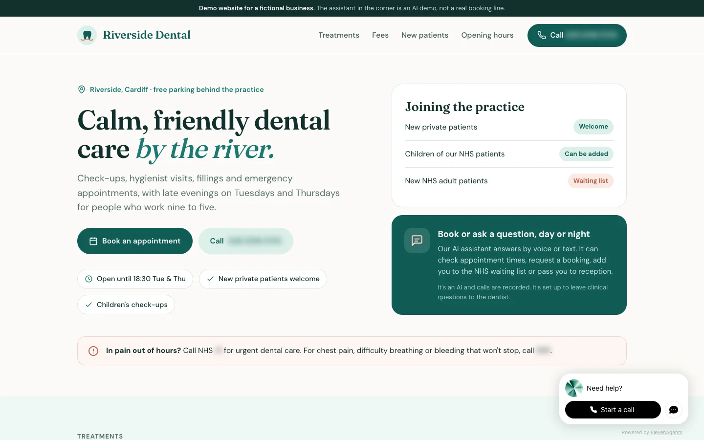 Demo website for Riverside Dental, a made-up practice, with its AI assistant