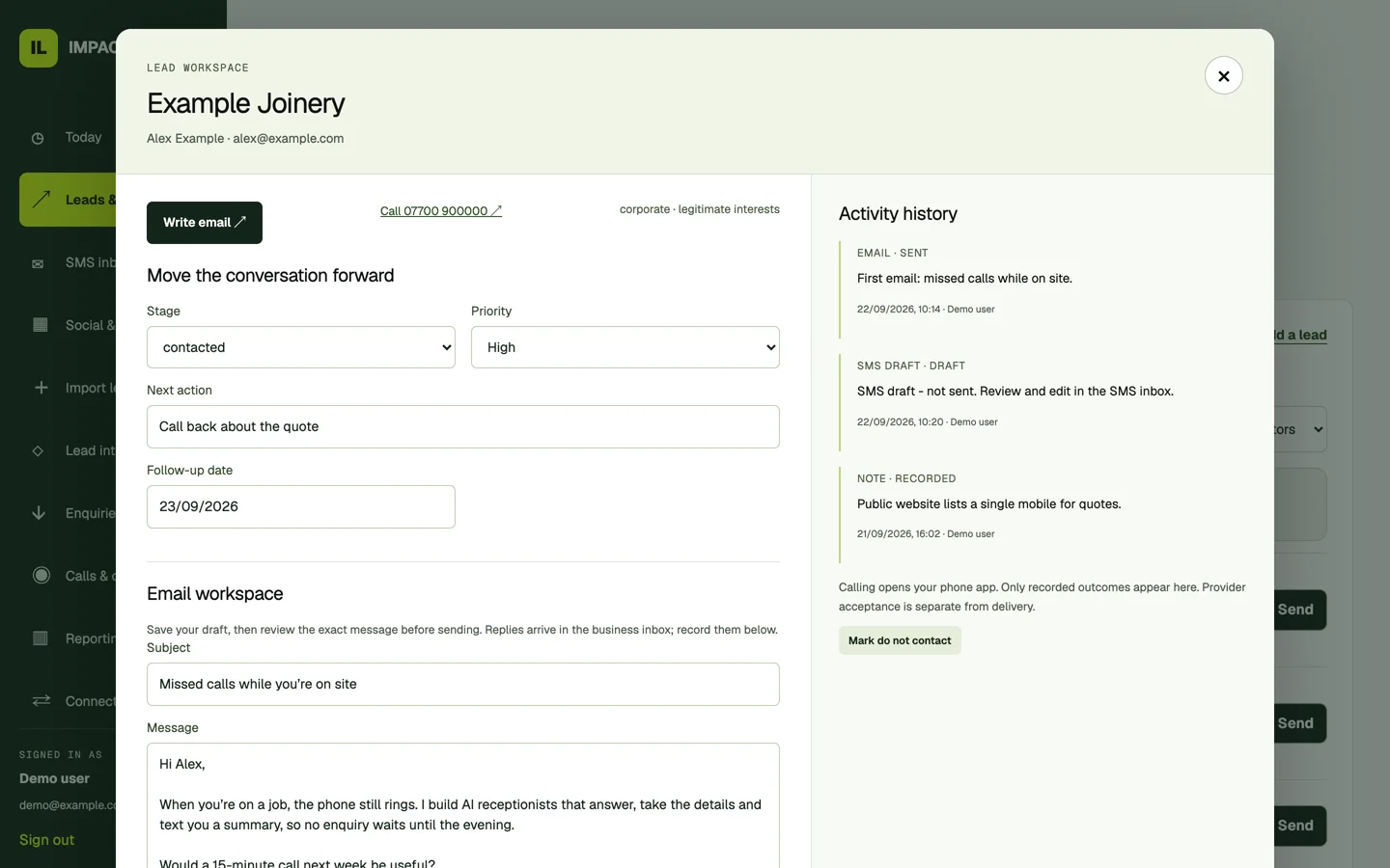 The outreach lead workspace, rendered with invented demo data